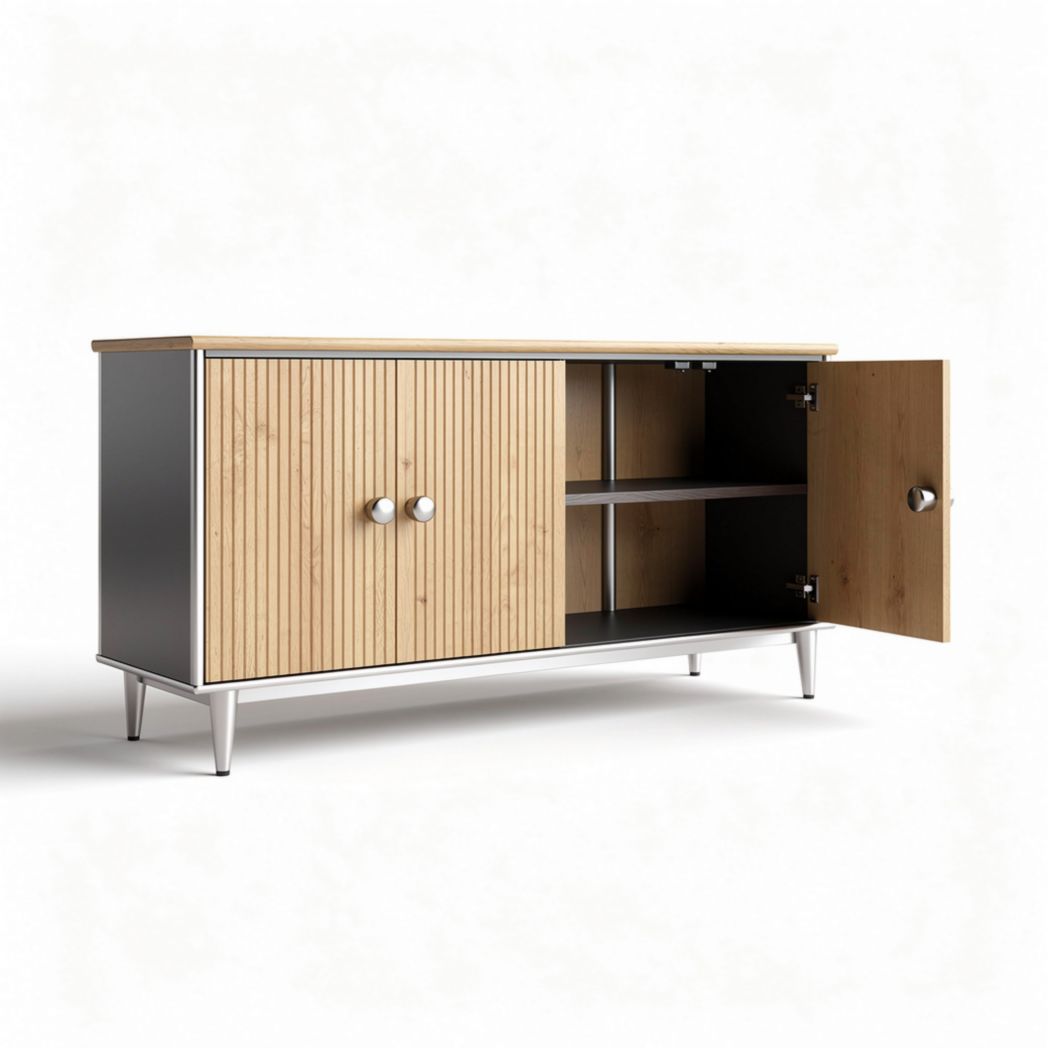 Natural bamboo cabinet with sliding doors and open shelves 150 x 45 x 60cm