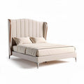 Upholstered tufted bed frame in beige fabric with wooden legs 200 x 160 x 120cm