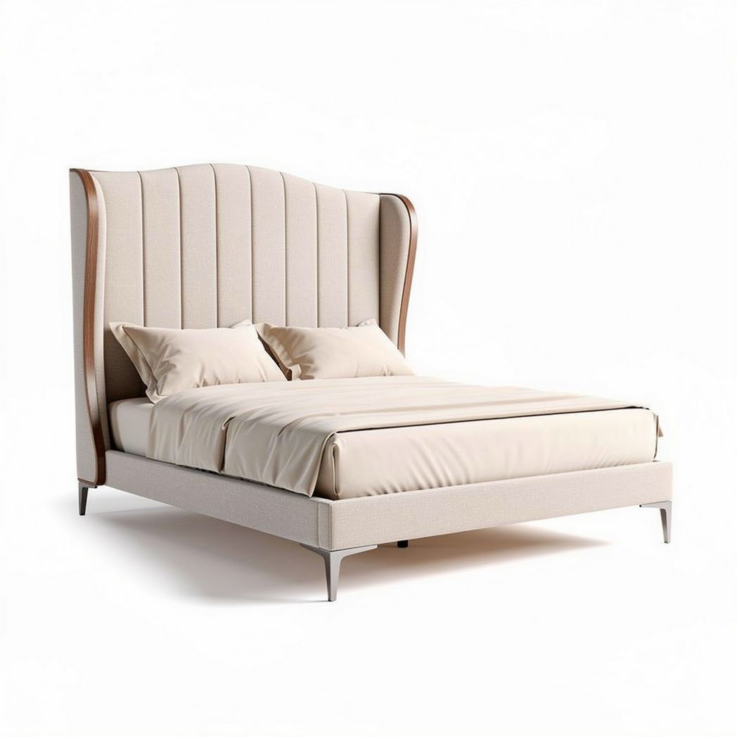 Upholstered tufted bed frame in beige fabric with wooden legs 200 x 160 x 120cm