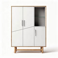 Modern white storage cabinet with glass display shelf and wooden base 90 x 60 x 130cm