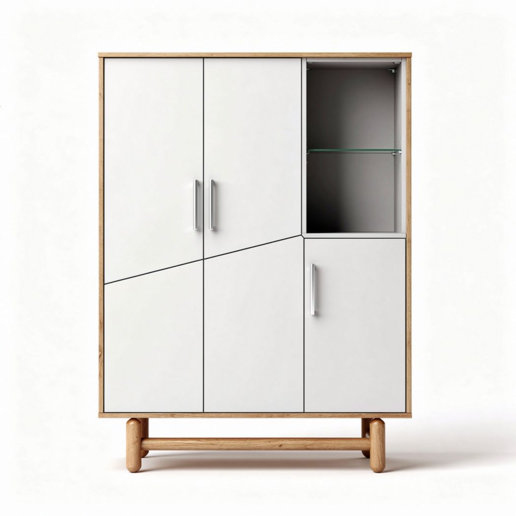 Modern white storage cabinet with glass display shelf and wooden base 90 x 60 x 130cm