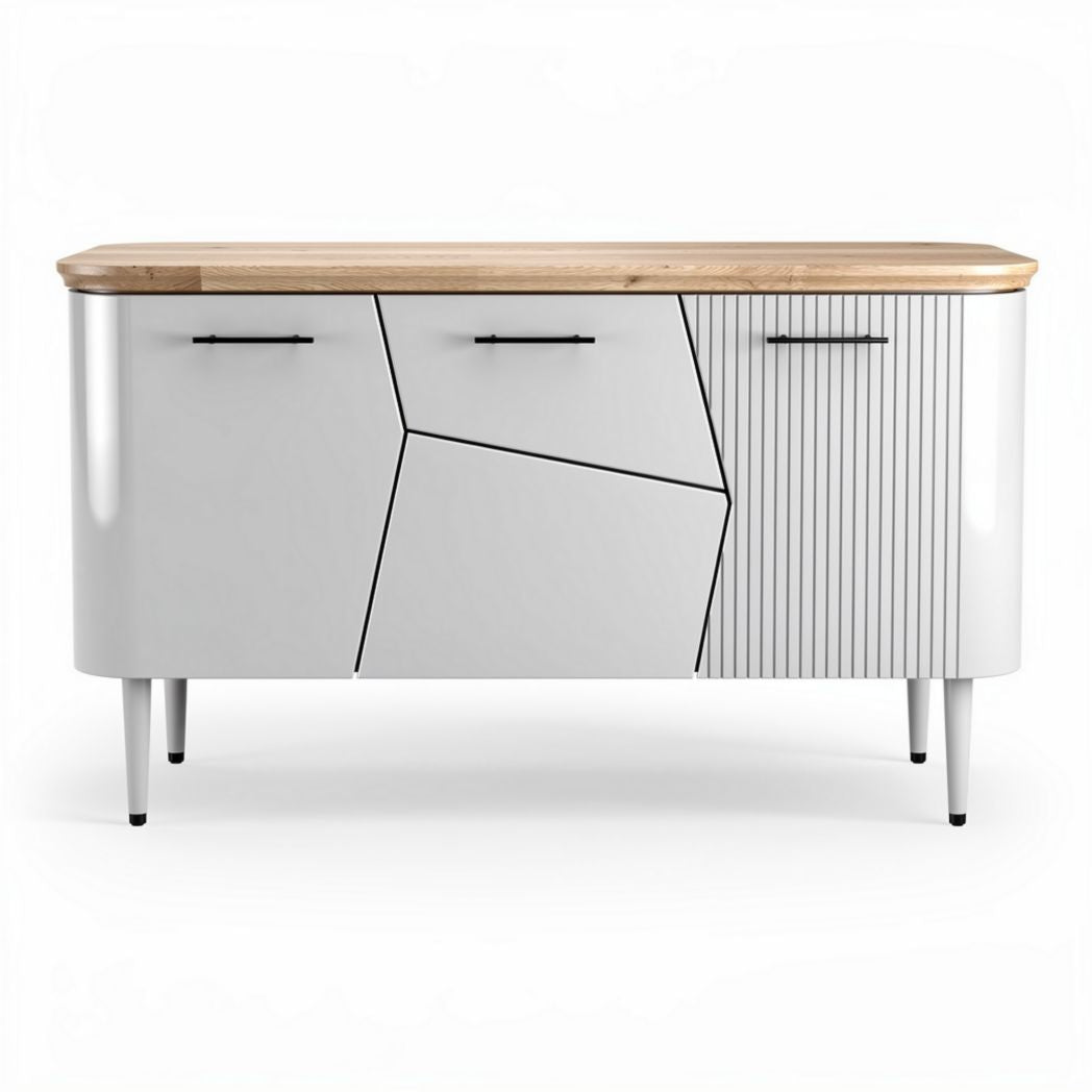 White modern sideboard with natural wood top and angled design 150 x 45 x 85cm
