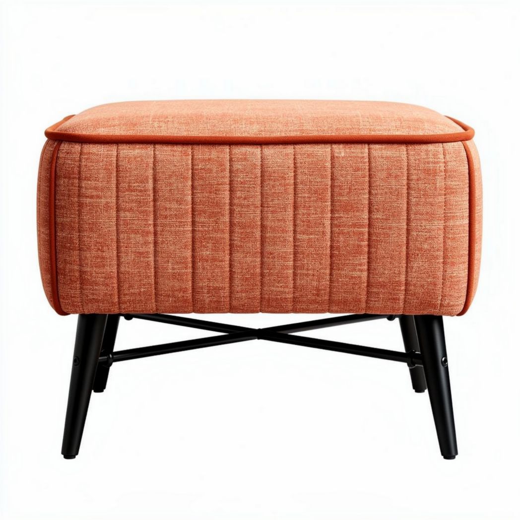 Fabric upholstered ottoman in orange color with dimensions 40 x 40 x 40cm