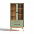 Wooden cabinet with glass doors and drawer in green and natural finish 90 x 45 x 150cm