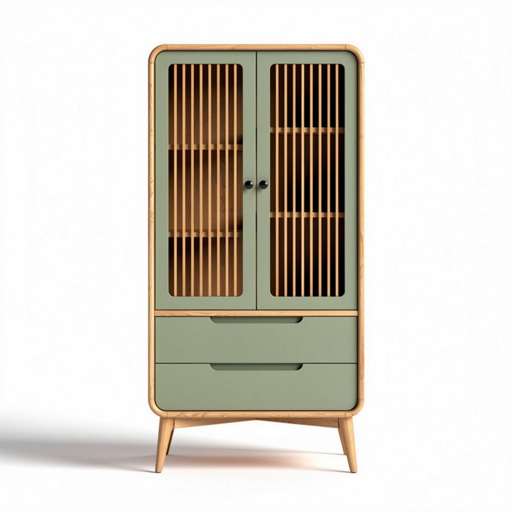 Wooden cabinet with glass doors and drawer in green and natural finish 90 x 45 x 150cm