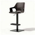 Adjustable height bar stool with wooden seat and metal base in black