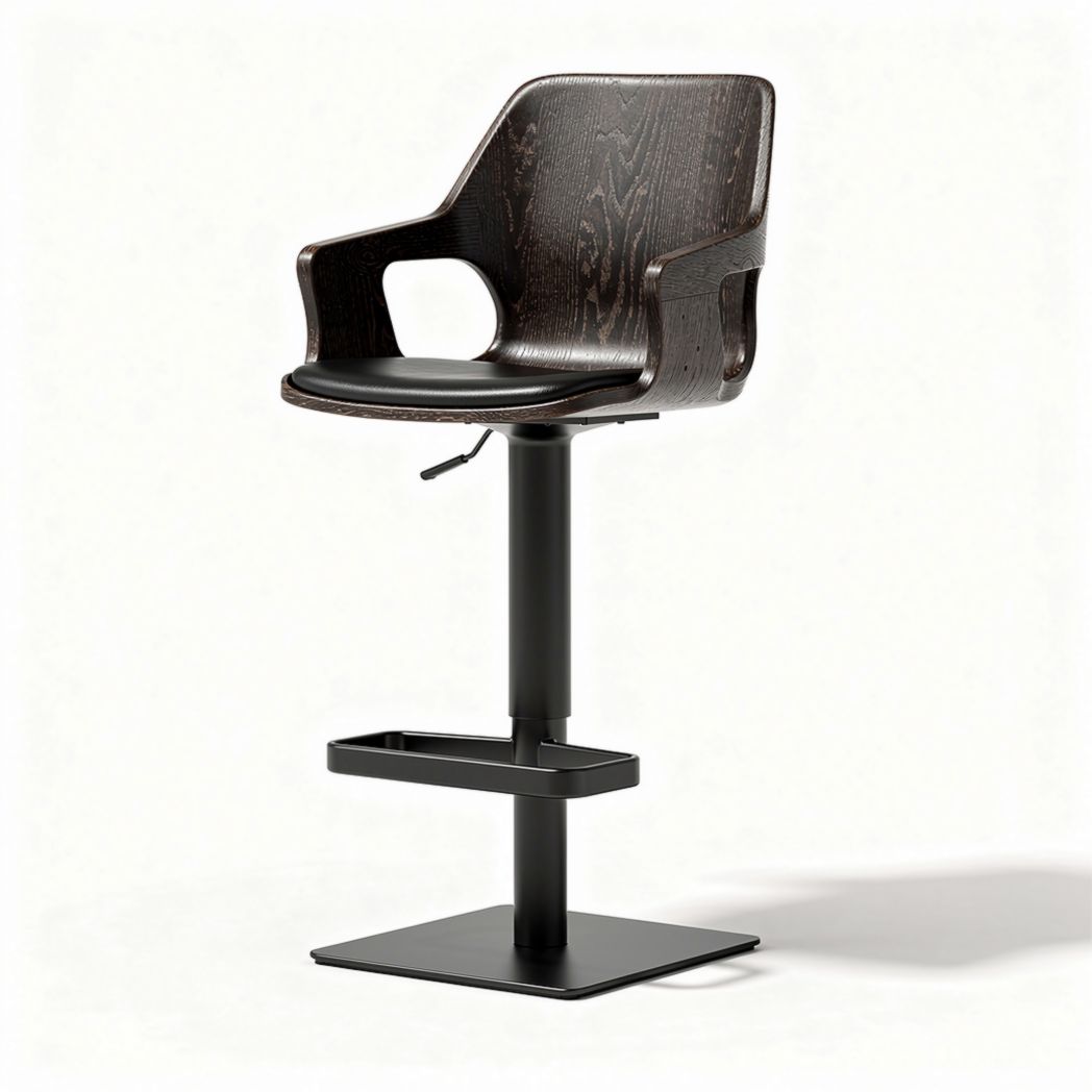 Adjustable height bar stool with wooden seat and metal base in black