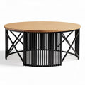 Round coffee table with bamboo top and black metal base 80 x 80 x 45cm