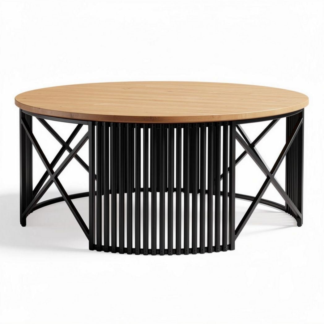 Round coffee table with bamboo top and black metal base 80 x 80 x 45cm